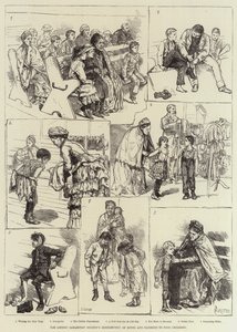A Londoni Szamaritánus Társaság csizmák és ruhák szétosztása szegény gyerekeknek